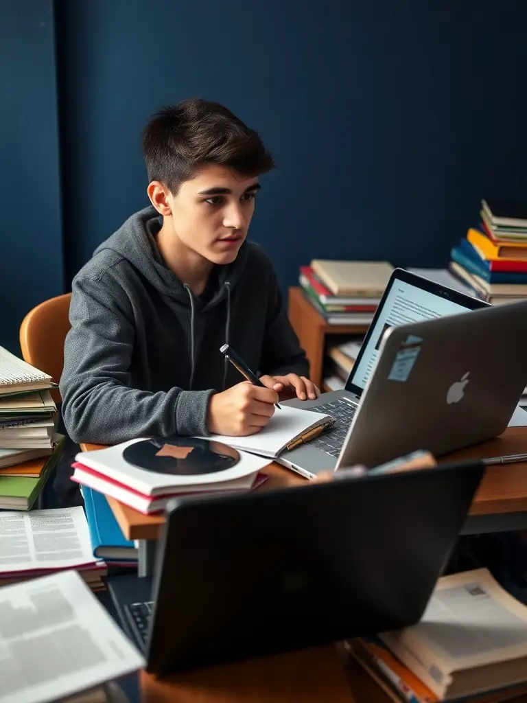 A focused student meticulously researching debate topics on a laptop, surrounded by books and notes, in a well-lit study environment.